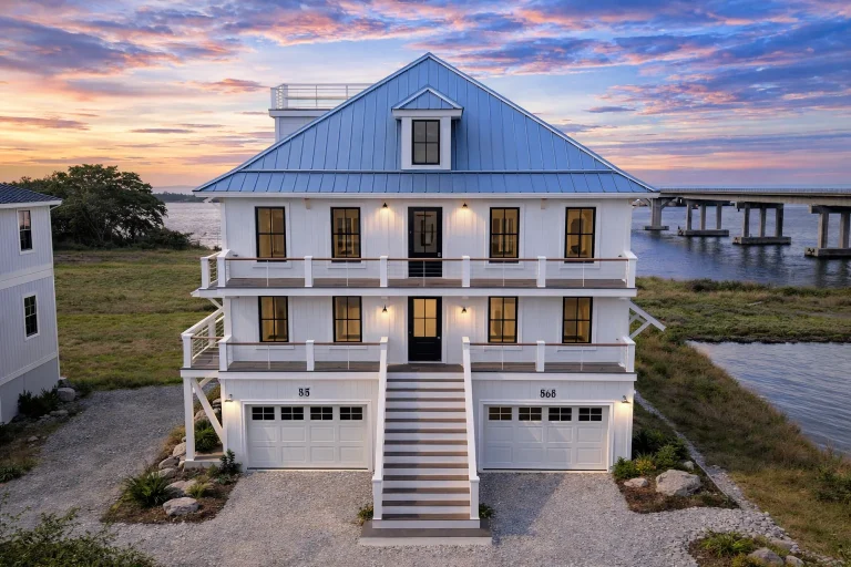 Charleston-style coastal home with elegant double porches, raised foundation, and traditional southern architectural details