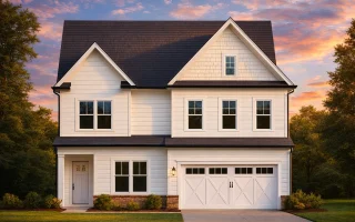 Front elevation of a Modern Farmhouse style two-story home featuring horizontal siding, board and batten detailing, and brick accents with double garage and gable rooflines