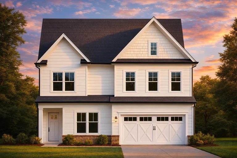 Front elevation of a Modern Farmhouse style two-story home featuring horizontal siding, board and batten detailing, and brick accents with double garage and gable rooflines