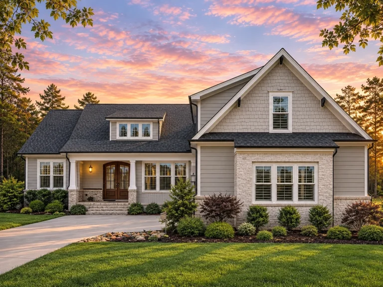 Front exterior of a New American Modern Farmhouse style home featuring horizontal siding, board and batten accents, gabled rooflines, and a welcoming covered entry