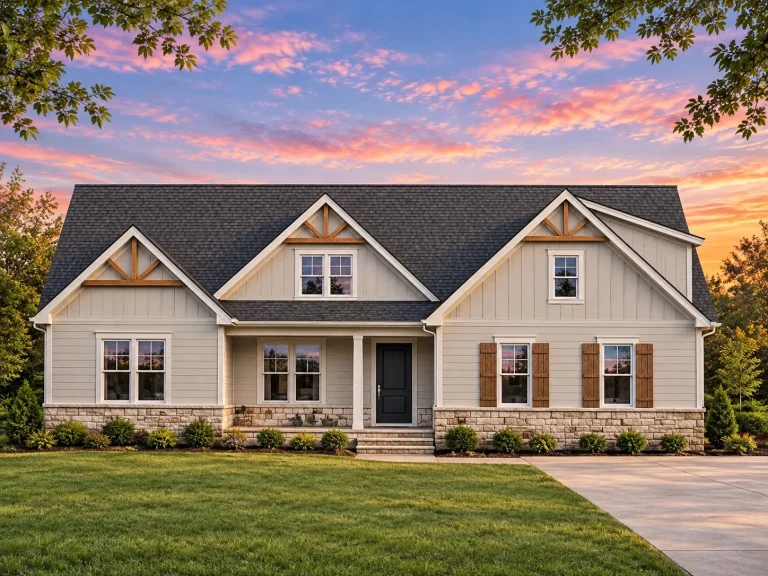 Front elevation of a modern farmhouse with board and batten siding, stone base, gabled rooflines, and covered porch