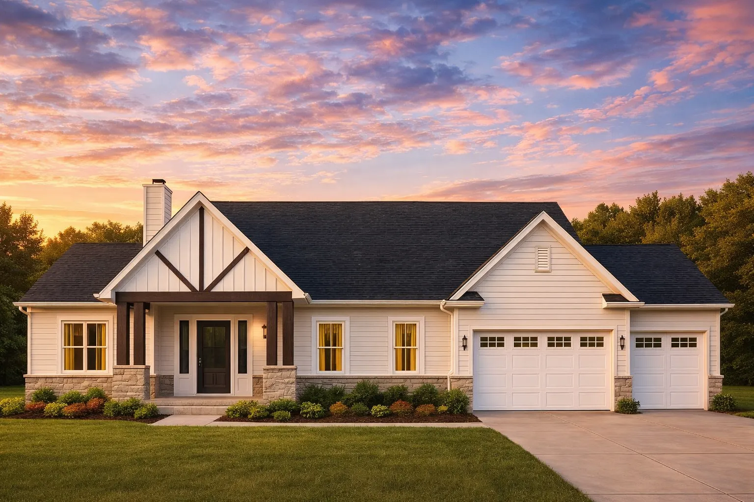Front elevation of a modern farmhouse ranch home with board and batten siding, stone accents, and a covered porch