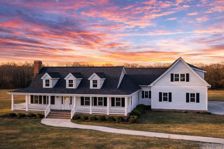 Front elevation of a Colonial Farmhouse style home with white lap siding, brick foundation, symmetrical windows, dormer accents, and a covered front porch