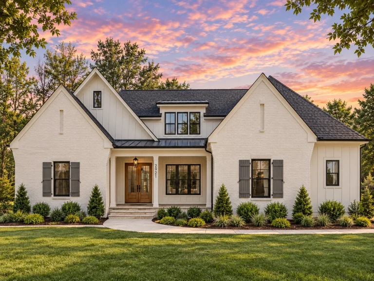Front elevation of a Modern Farmhouse style home featuring white painted brick exterior, steep gable rooflines, black shutters, and welcoming covered entry