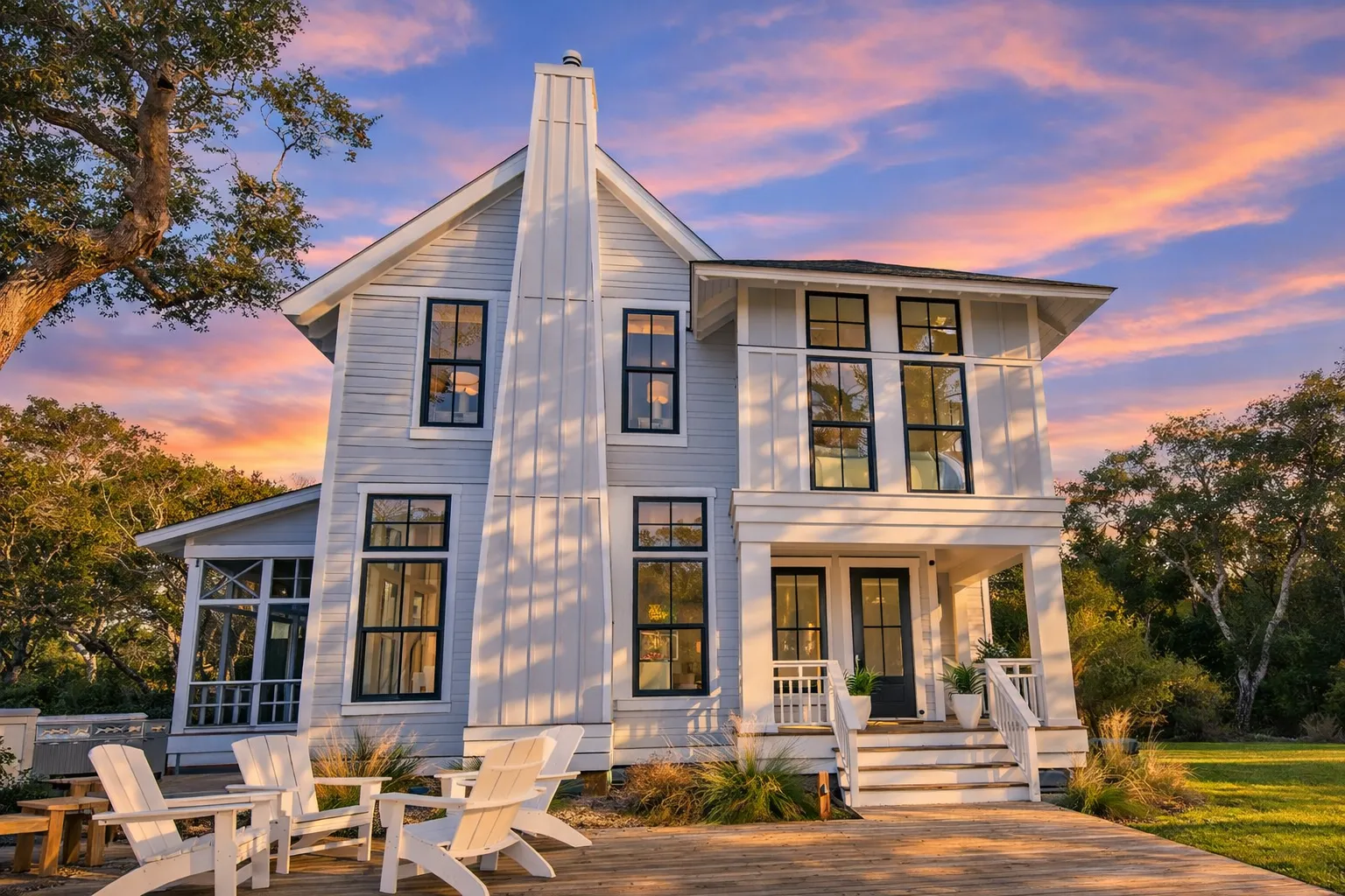 Front elevation of a Modern Farmhouse New American style home with horizontal lap siding, tall stone chimney, covered porch, and symmetrical two-story design