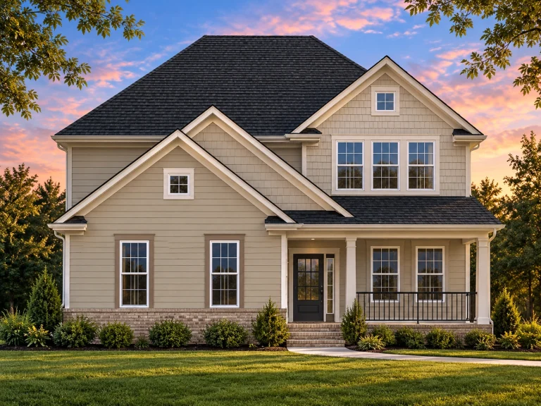 Front view of a Traditional Colonial style two-story home featuring horizontal siding, stone accents, and blue shutters surrounded by a lush green lawn