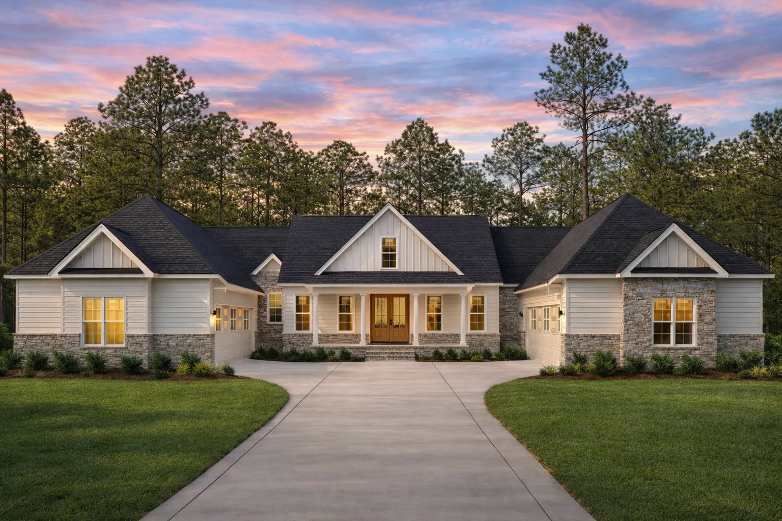 Front elevation of modern farmhouse ranch home with white board and batten siding, gabled rooflines, and wide covered porch