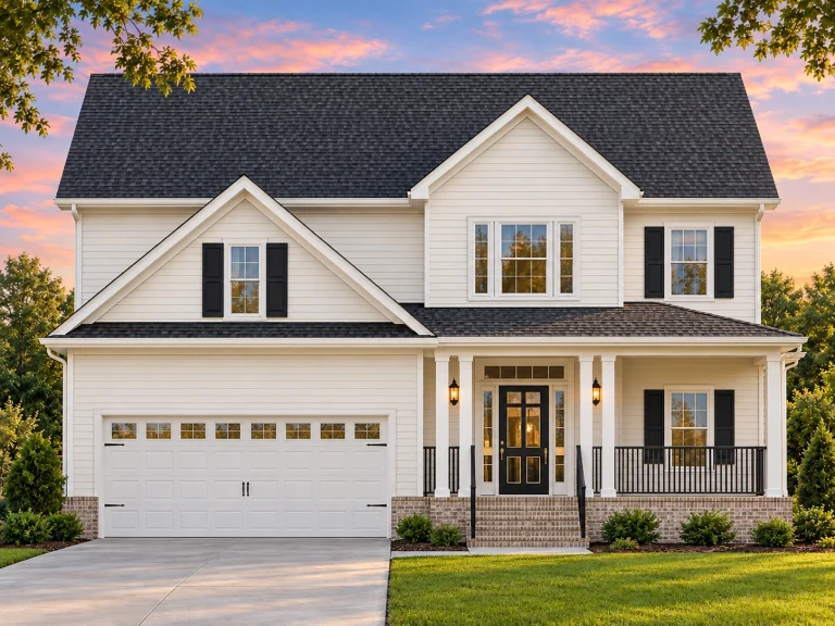 Front view of a Traditional Suburban Colonial Revival style house featuring horizontal siding, dark shutters, and a double garage
