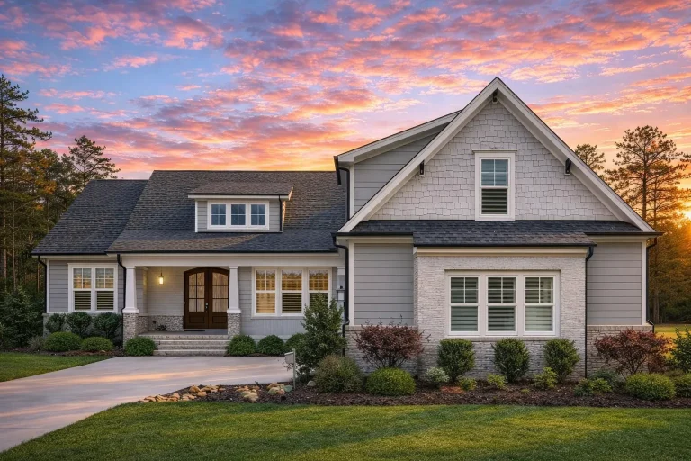 Front exterior of a New American Modern Farmhouse style home featuring horizontal siding, board and batten accents, gabled rooflines, and a welcoming covered entry