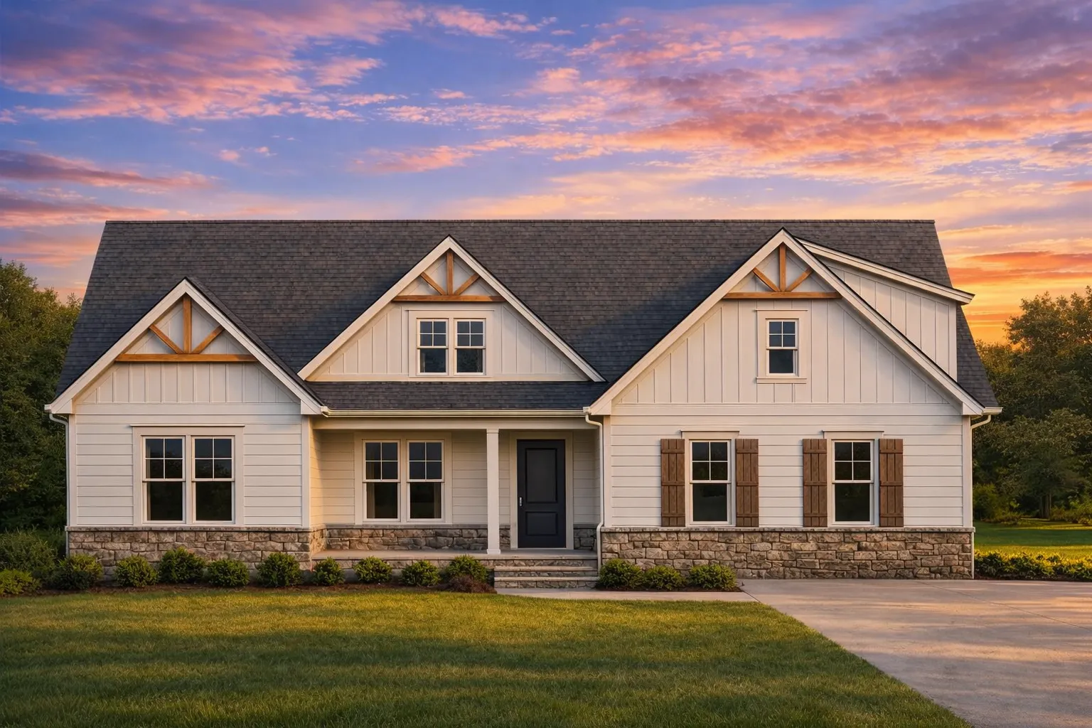 Front elevation of a modern farmhouse with board and batten siding, stone base, gabled rooflines, and covered porch