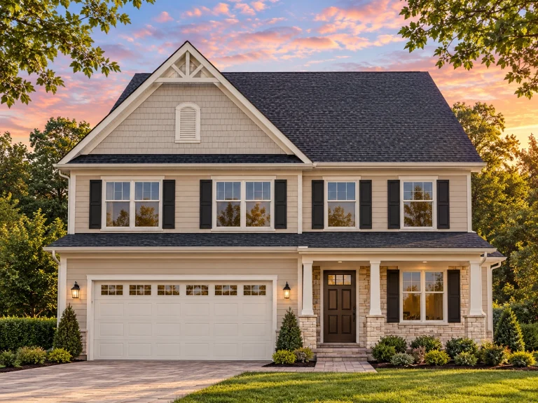 Front elevation of a Traditional Colonial style home with horizontal siding, stone accents, black shutters, and an attached two-car garage
