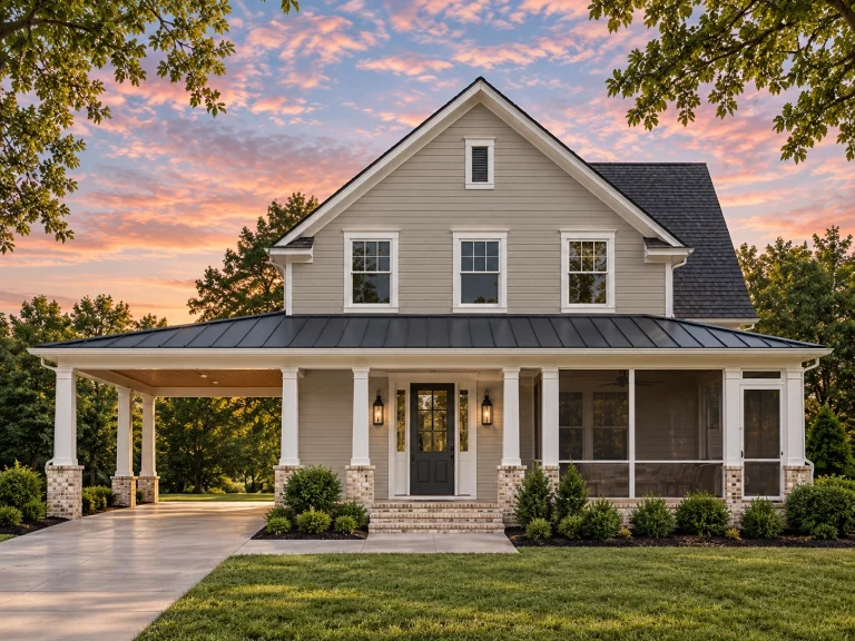 House Plans with Outdoor Kitchen 2 Front view of a two-story Modern Farmhouse home with board and batten siding, black shutters, metal roof, and stone accents around the garage entry