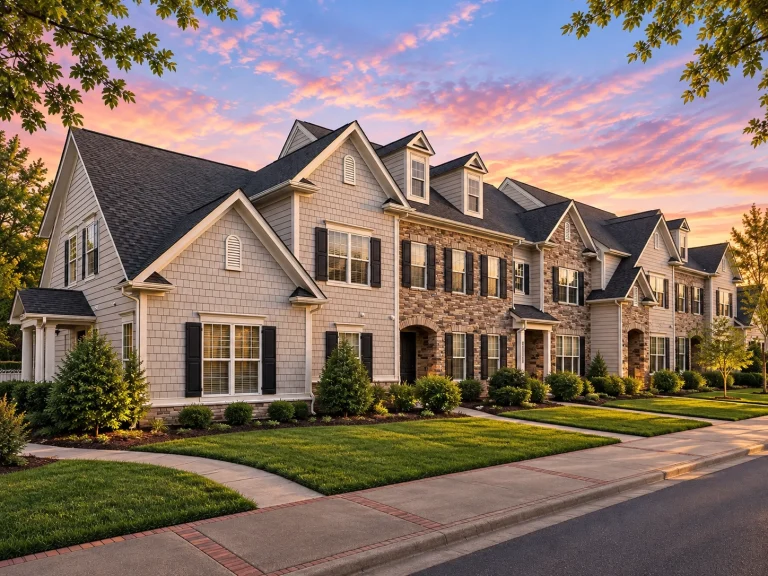 Front elevation of a Traditional Colonial and Neo-Colonial multi-unit home featuring symmetrical design, horizontal siding, stone accents, dormer windows, and classic suburban architecture