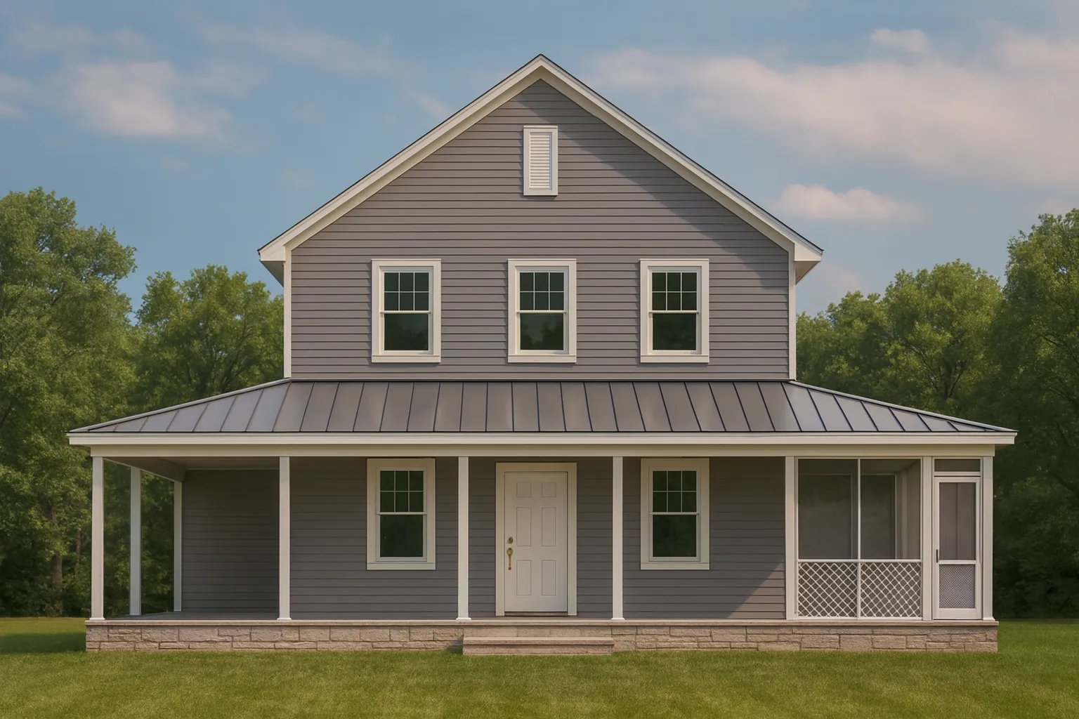 Front view of a two-story Modern Farmhouse home with board and batten siding, black shutters, metal roof, and stone accents around the garage entry