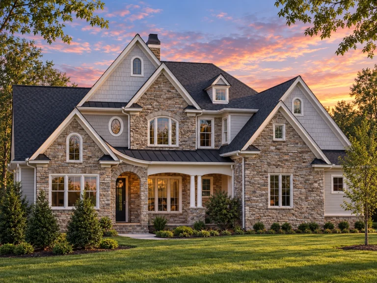 House Plans with Outdoor Kitchen 10 Front elevation of a Traditional Colonial style home with brick exterior, stone detailing, steep gabled rooflines, and symmetrical windows