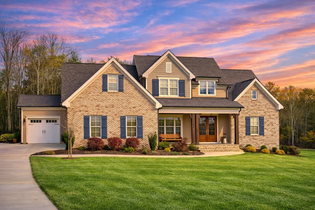 Front elevation of a New American modern traditional two-story home with brick exterior, lap siding accents, gabled rooflines, covered entry porch, and double garage