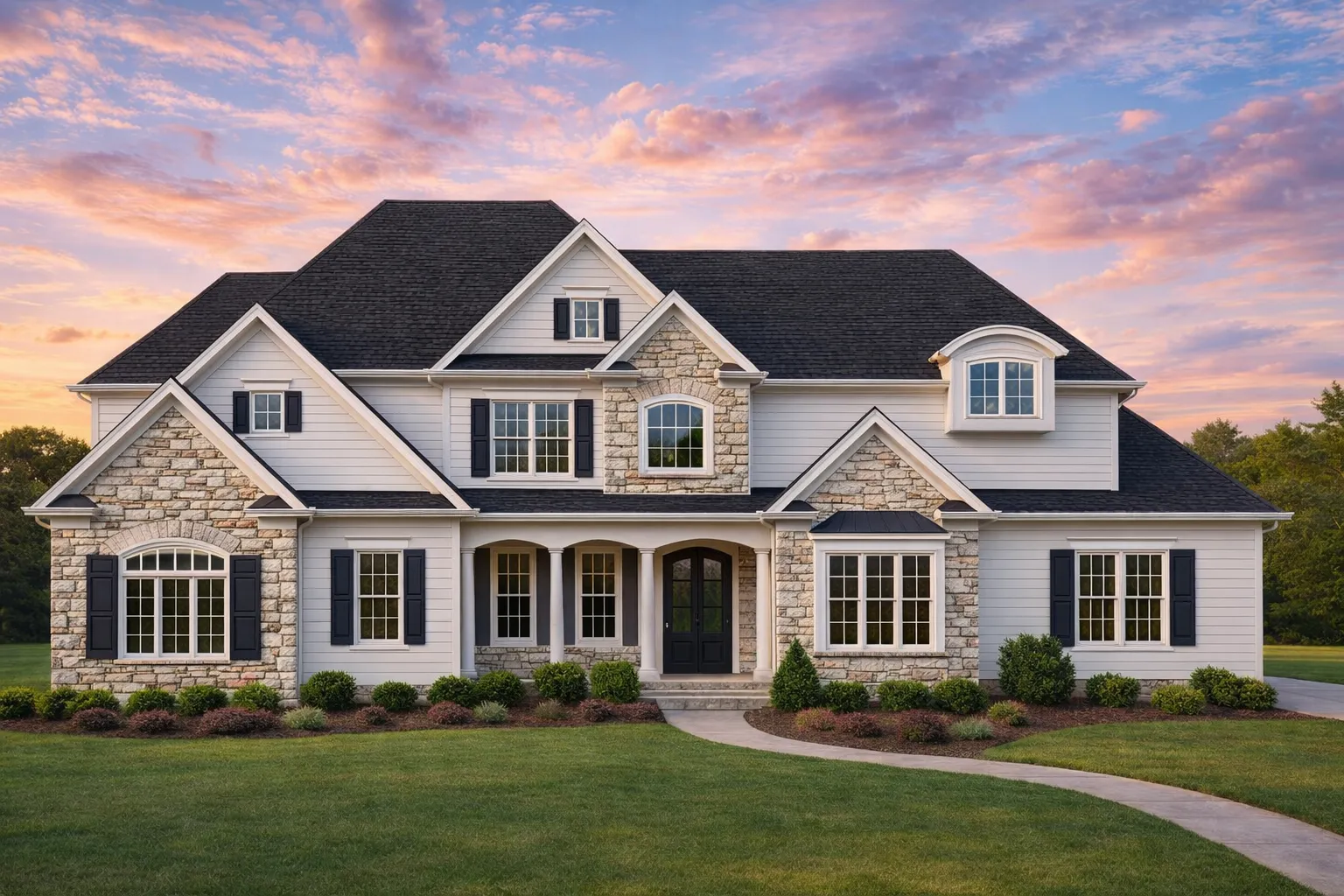 Front elevation of a New American Modern Traditional house featuring stone masonry, horizontal lap siding, symmetrical windows, and classic gabled rooflines