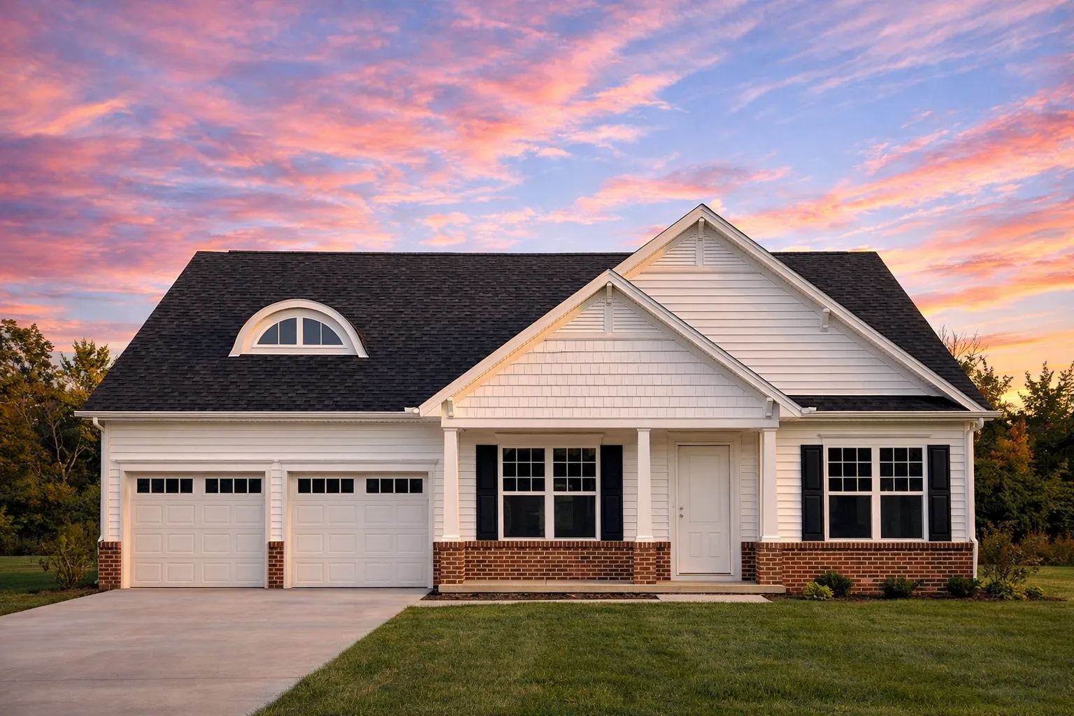Front view of a Traditional Ranch style home featuring Craftsman accents, horizontal lap siding, and stone wainscoting beneath a gabled roofline