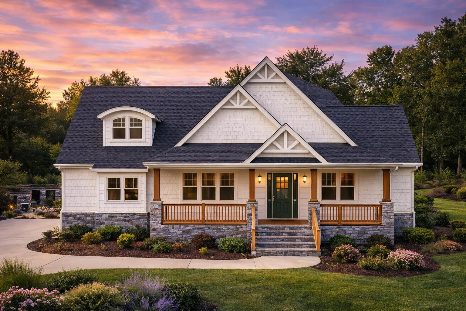 Front elevation of a Cape Cod cottage style home with horizontal siding, stone foundation accents, gabled roof, and welcoming covered porch