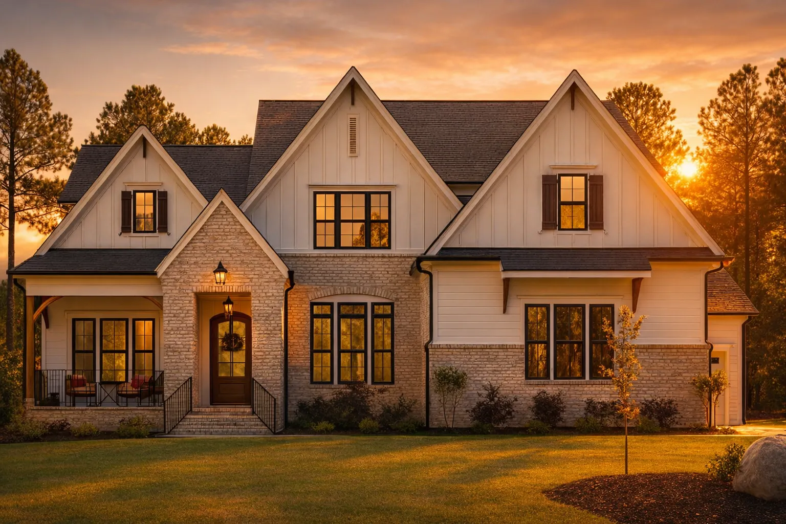 Front exterior of a New American Modern Traditional house with painted brick, board and batten siding, steep gables, and warm sunset lighting