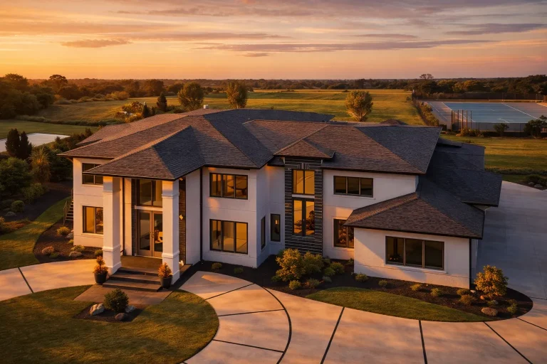 Front elevation of transitional suburban home with smooth stucco exterior, tall columns, hipped roof, and modern traditional design