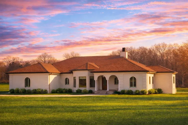 Front view of French Country Mediterranean style home featuring brick and stucco exterior, arched windows, and a classic hipped roof design under clear daylight.