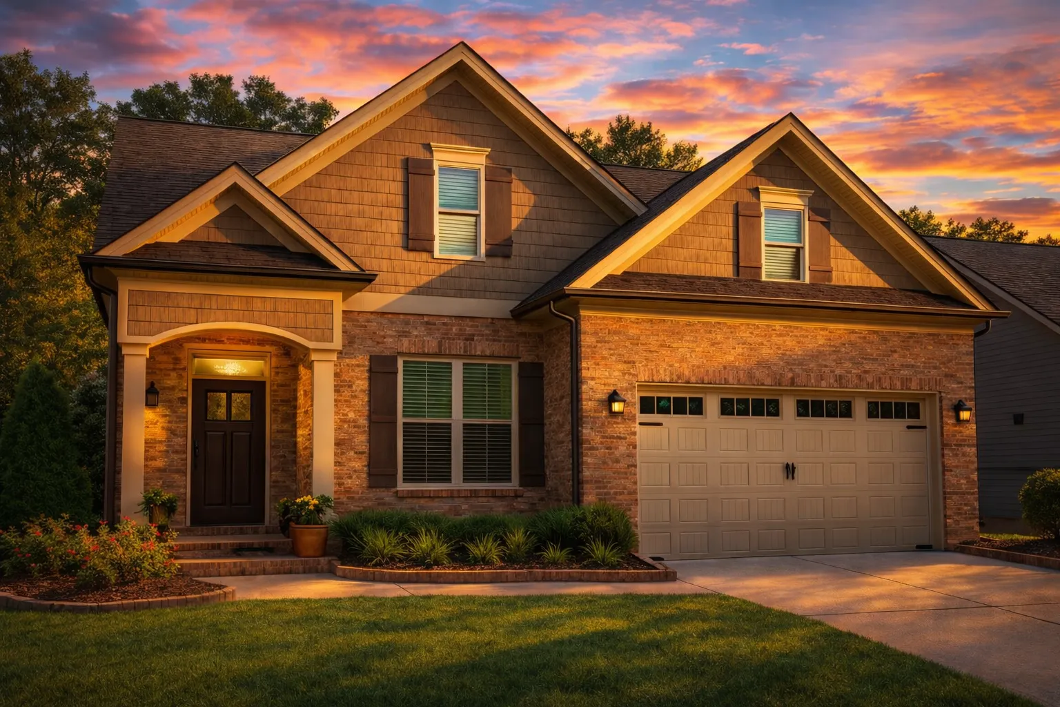Front elevation of a New American style home with brick and horizontal siding, gabled rooflines, and attached two-car garage
