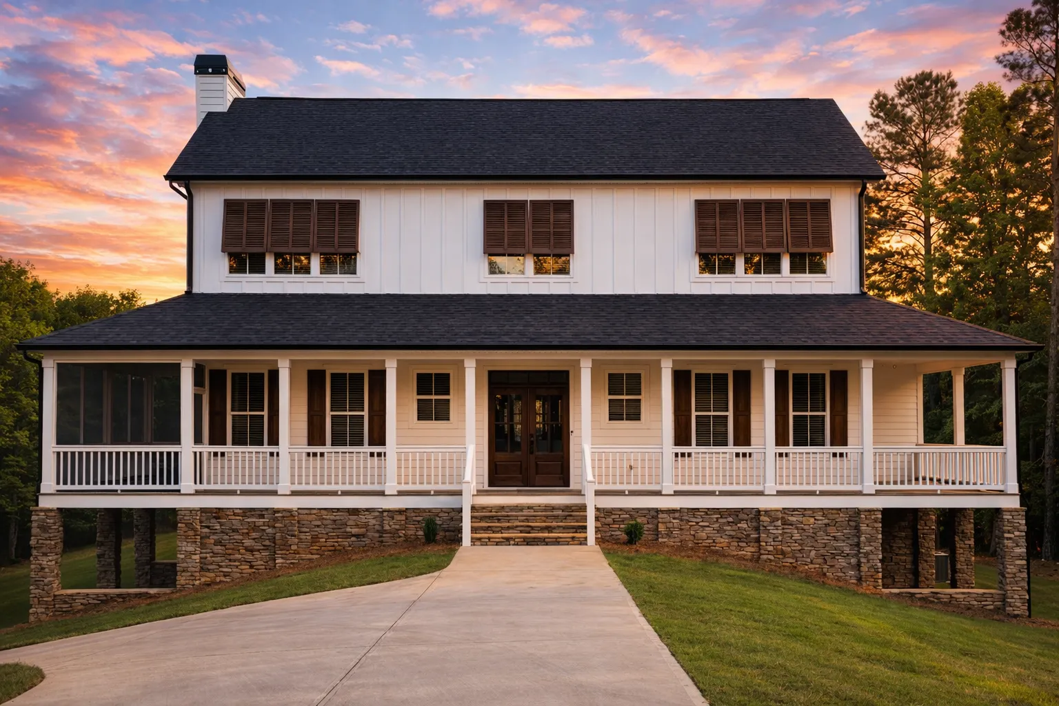 Front exterior of a Low Country Southern Colonial coastal home featuring a full-width wraparound porch, raised brick foundation, and classic horizontal siding