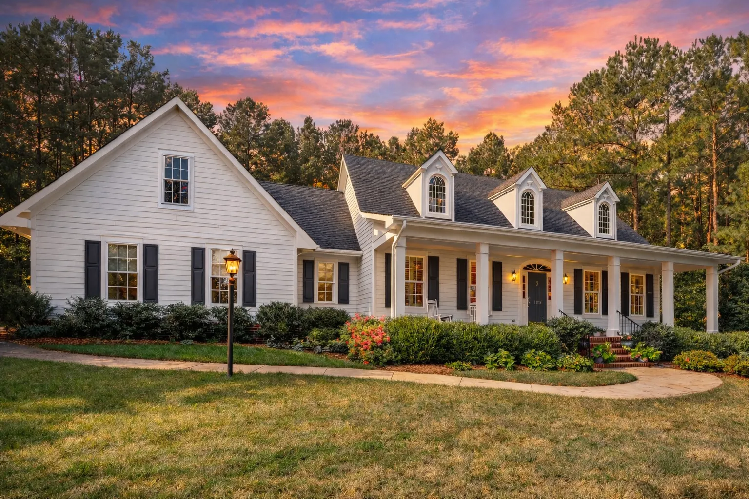 Front view of a Traditional Colonial Cape Cod style house featuring white horizontal siding, black shutters, brick foundation, and a welcoming front porch with dormers.
