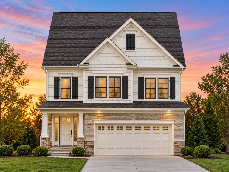 Cottage House Plans 5 Front elevation of a Traditional Colonial style home featuring stone and horizontal siding, black shutters, and a double garage