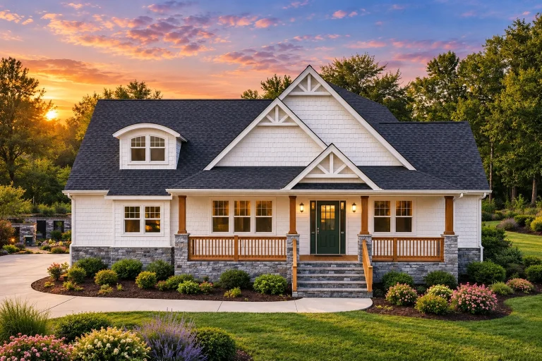 Front elevation of a Cape Cod cottage style home with horizontal siding, stone foundation accents, gabled roof, and welcoming covered porch