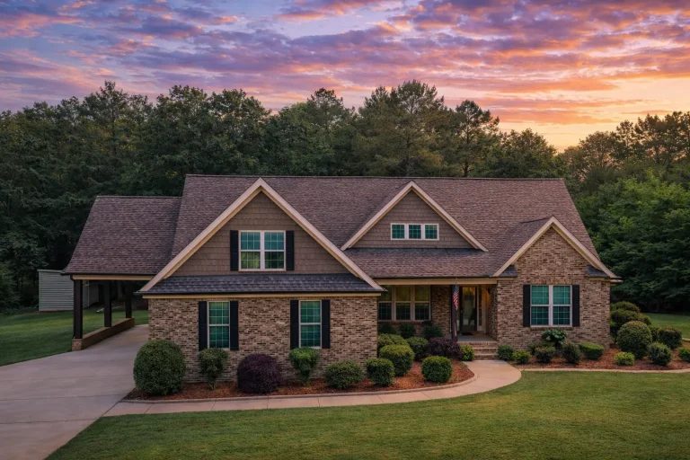 Front exterior of a Traditional Craftsman style house featuring brick and horizontal siding, multiple gables, covered porch, and landscaped suburban setting