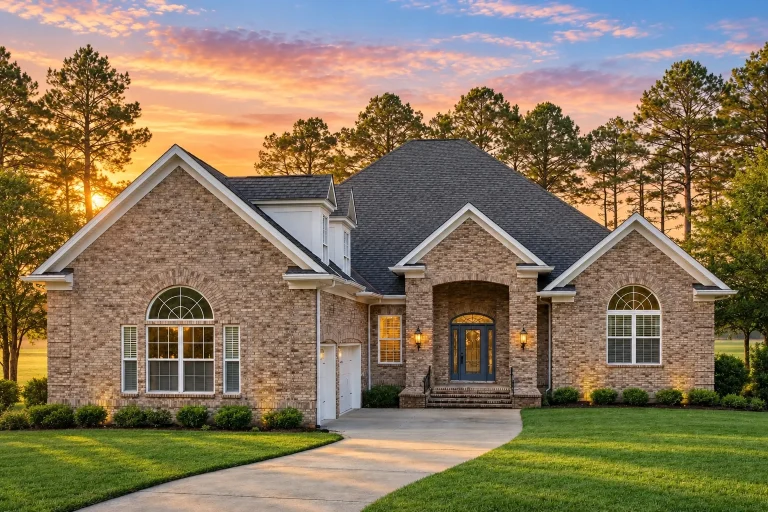 Front elevation of a Traditional New American house with brick water table, smooth stucco walls, arched windows, shutters, and a centered entry