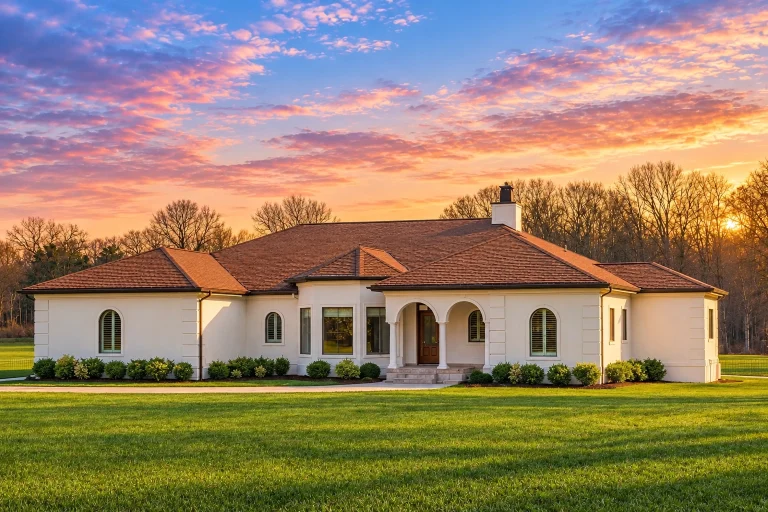 Front view of French Country Mediterranean style home featuring brick and stucco exterior, arched windows, and a classic hipped roof design under clear daylight.