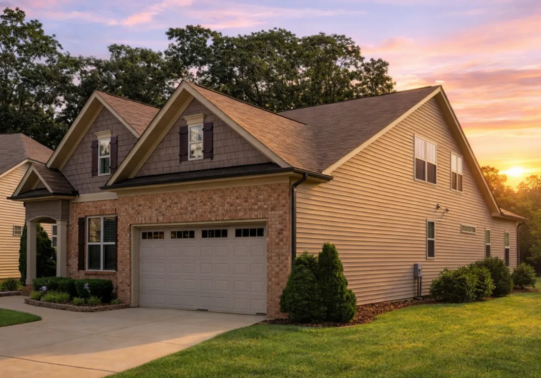 Front elevation of a New American style home with brick and horizontal siding, gabled rooflines, and attached two-car garage