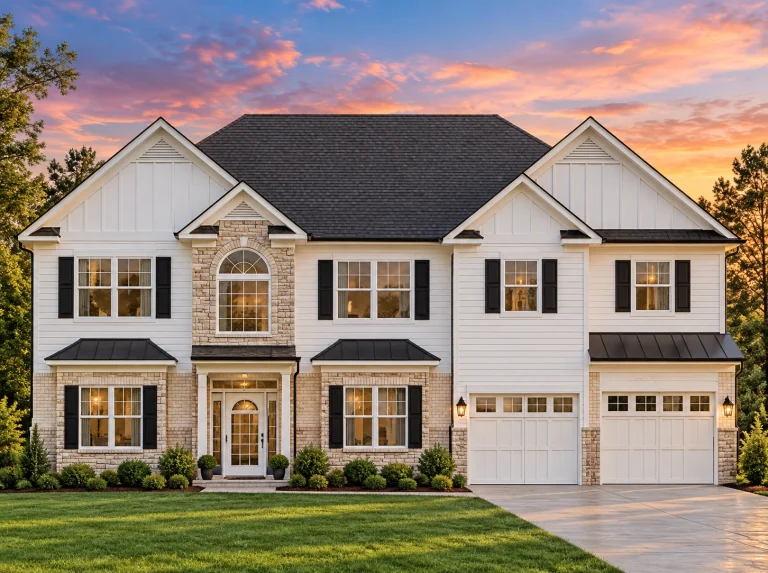 Front elevation of Colonial Revival style home with brick first floor, white horizontal lap siding, black shutters, and three-car garage