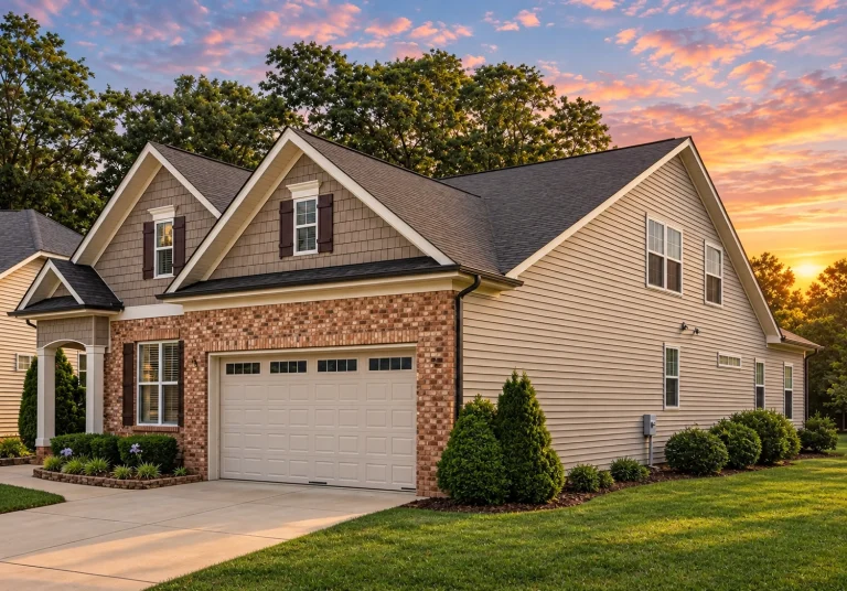 Front elevation of a New American style home with brick and horizontal siding, gabled rooflines, and attached two-car garage