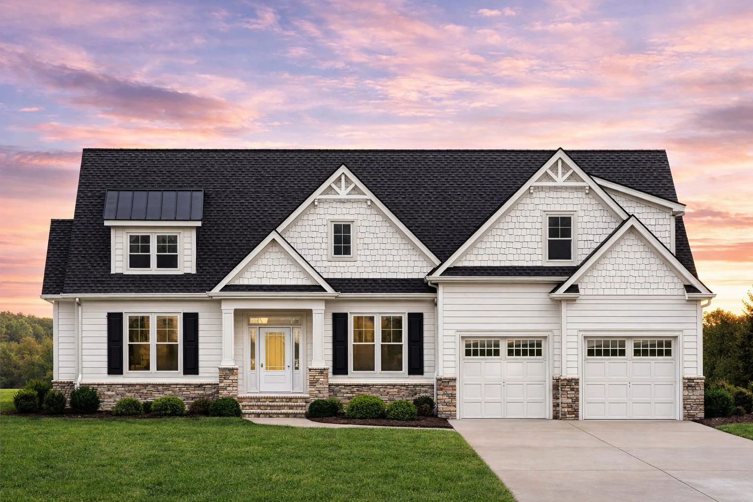 Front elevation of a New American modern traditional house with shingle accents, horizontal siding, stone details, and an attached garage