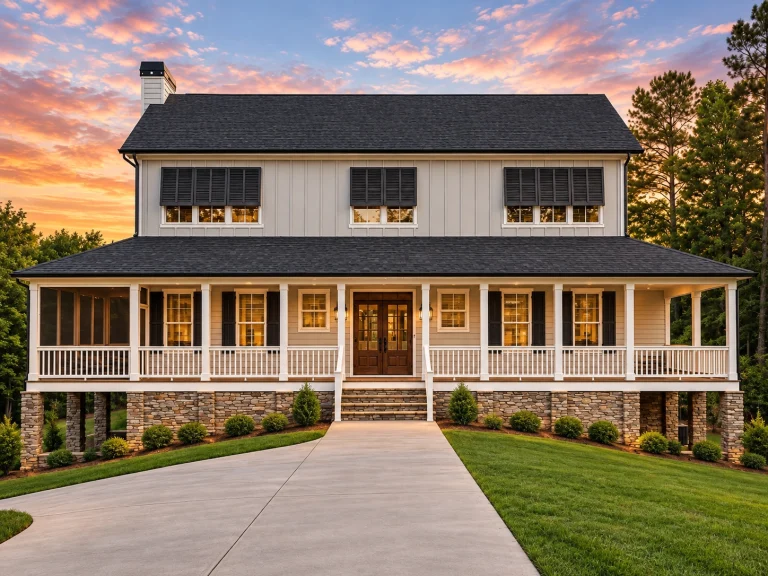 Front exterior of a Low Country Southern Colonial coastal home featuring a full-width wraparound porch, raised brick foundation, and classic horizontal siding
