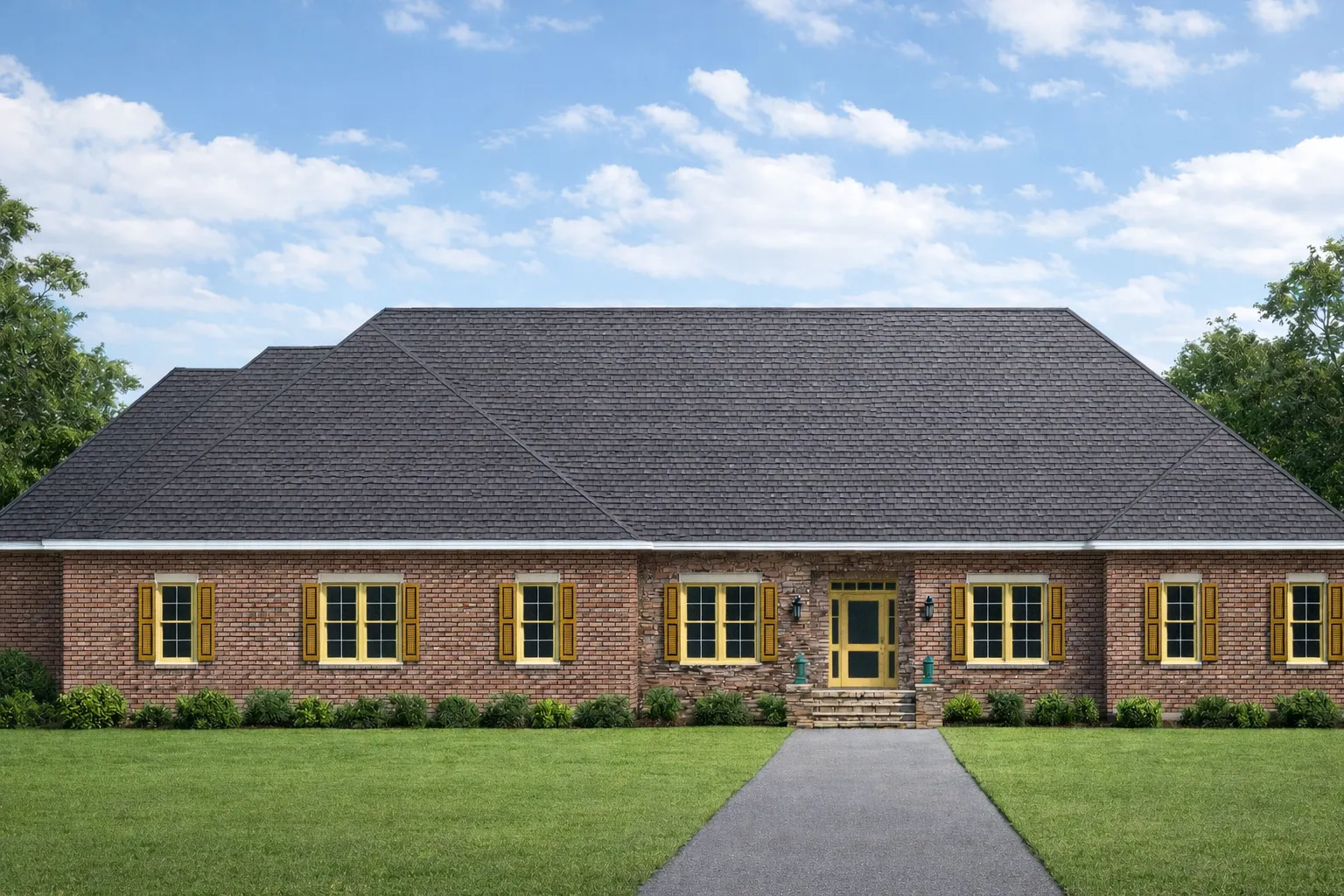 Front elevation of a Traditional Ranch style home with brick exterior, symmetrical windows, central entry, and low-pitched shingle roof