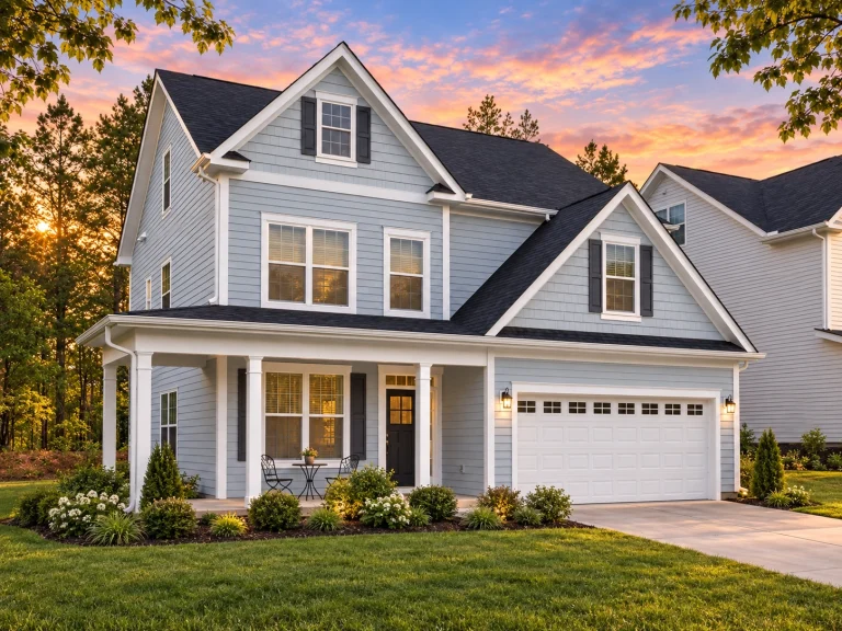 Modern Farmhouse home with white board-and-batten siding, black windows, and front porch