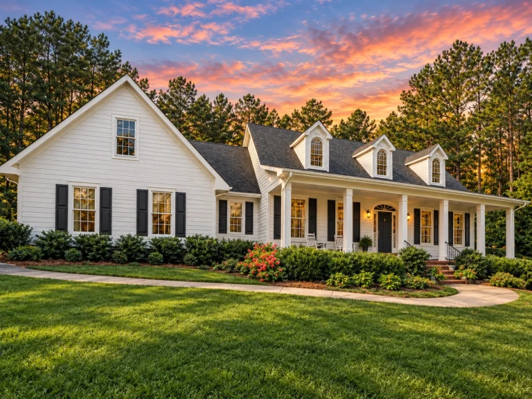 Front view of a Traditional Colonial Cape Cod style house featuring white horizontal siding, black shutters, brick foundation, and a welcoming front porch with dormers.