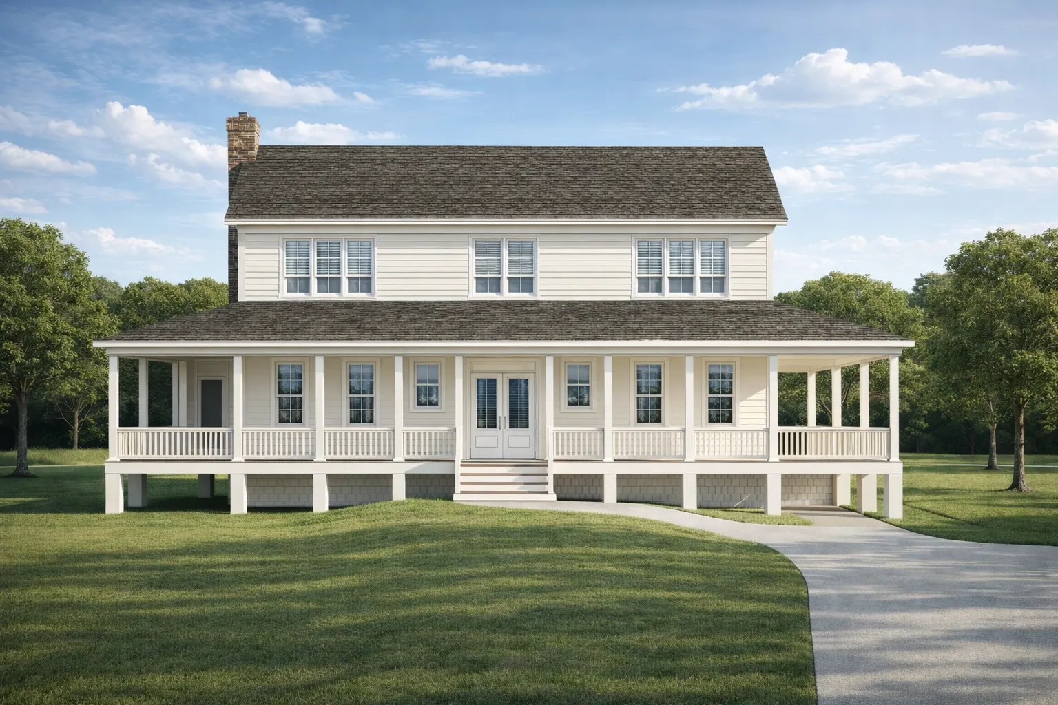 Front exterior of a Low Country Southern Colonial coastal home featuring a full-width wraparound porch, raised brick foundation, and classic horizontal siding