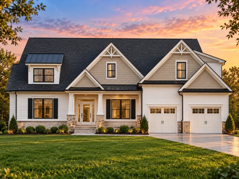 Front elevation of a New American modern traditional house with shingle accents, horizontal siding, stone details, and an attached garage