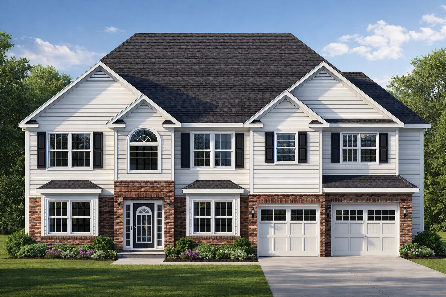 Front elevation of Colonial Revival style home with brick first floor, white horizontal lap siding, black shutters, and three-car garage