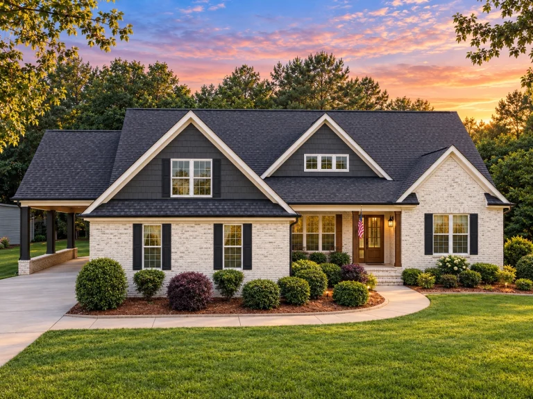 Front exterior of a Traditional Craftsman style house featuring brick and horizontal siding, multiple gables, covered porch, and landscaped suburban setting