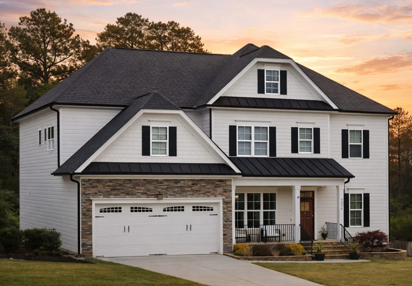 Front elevation of a Traditional Colonial style home featuring horizontal siding, shingle accents, symmetrical windows, and a covered entry porch