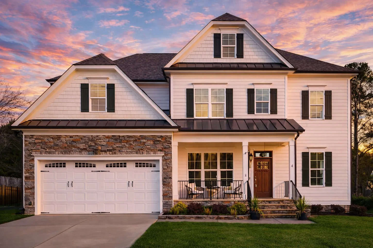 Front elevation of a Traditional Colonial style home featuring horizontal siding, shingle accents, symmetrical windows, and a covered entry porch