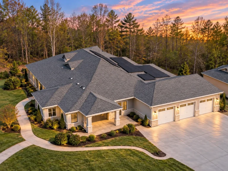 Aerial view of Traditional Ranch style home with stucco exterior, hip roof, and attached three-car side-entry garage