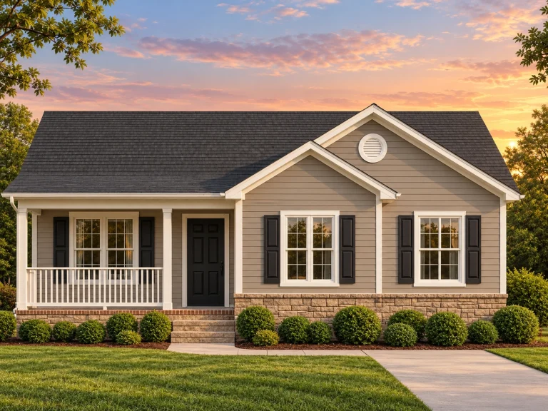 Front view of a Traditional Ranch style home featuring horizontal siding, stone veneer base, covered porch, and classic suburban detailing